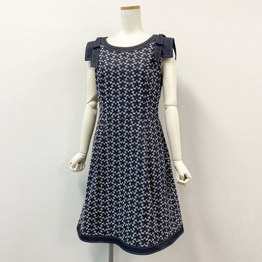 19g28《タグ付き》 Rene ルネ 半袖ワンピース 花柄ワンピース 膝丈 フラワー刺繍 イタリア製生地 サイズ38 ブルー ホワイト レディース 女性用