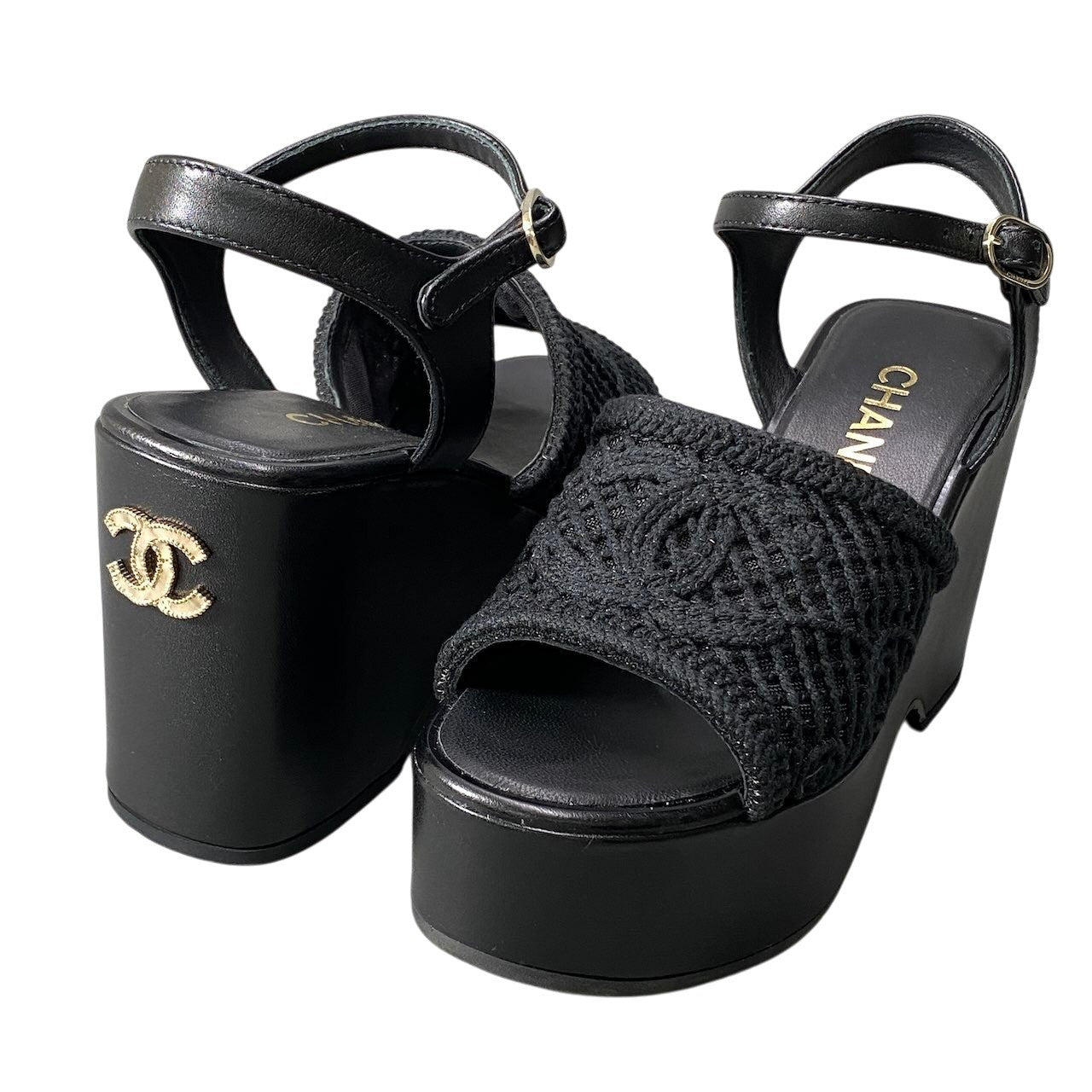 e13【美品】CHANEL 2025SS ウェッジソールサンダル 厚底 ココマーク メッシュ G46364 36Cサイズ ブラック レザー レディース 女性用k02i