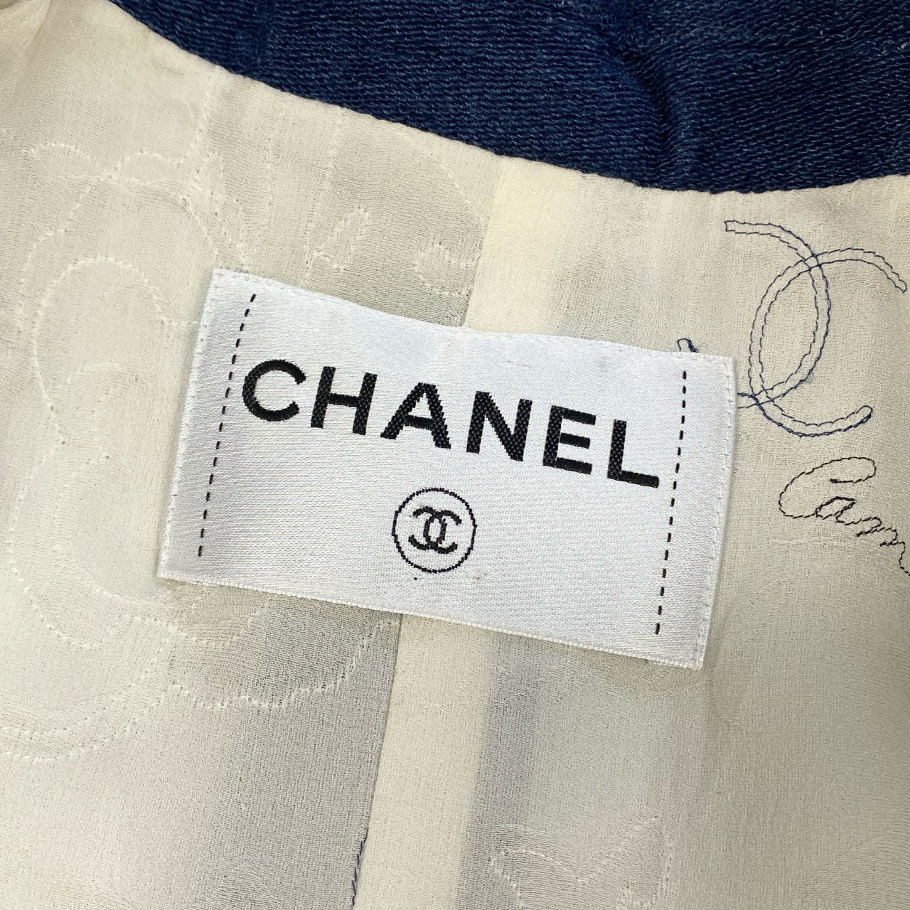 16k10 CHANEL シャネル ココマーク ダブルロングコート P53419V38061 34 インディゴ ブルー デニム 裏地刺繍t18r