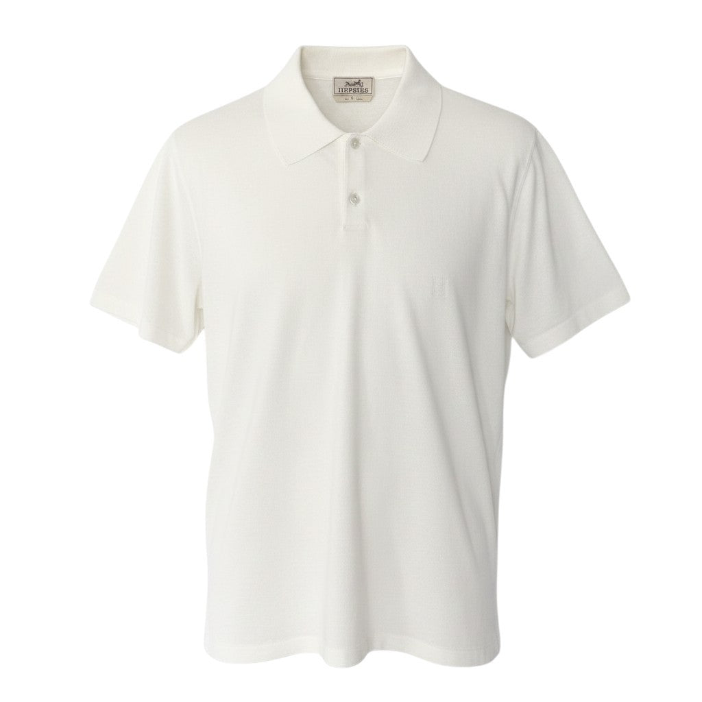 Md22 HERMES エルメス 半袖ニットポロシャツ コットンニット トップス イタリア製 Lサイズ ホワイト コットン100％ メンズ 男性用t18r