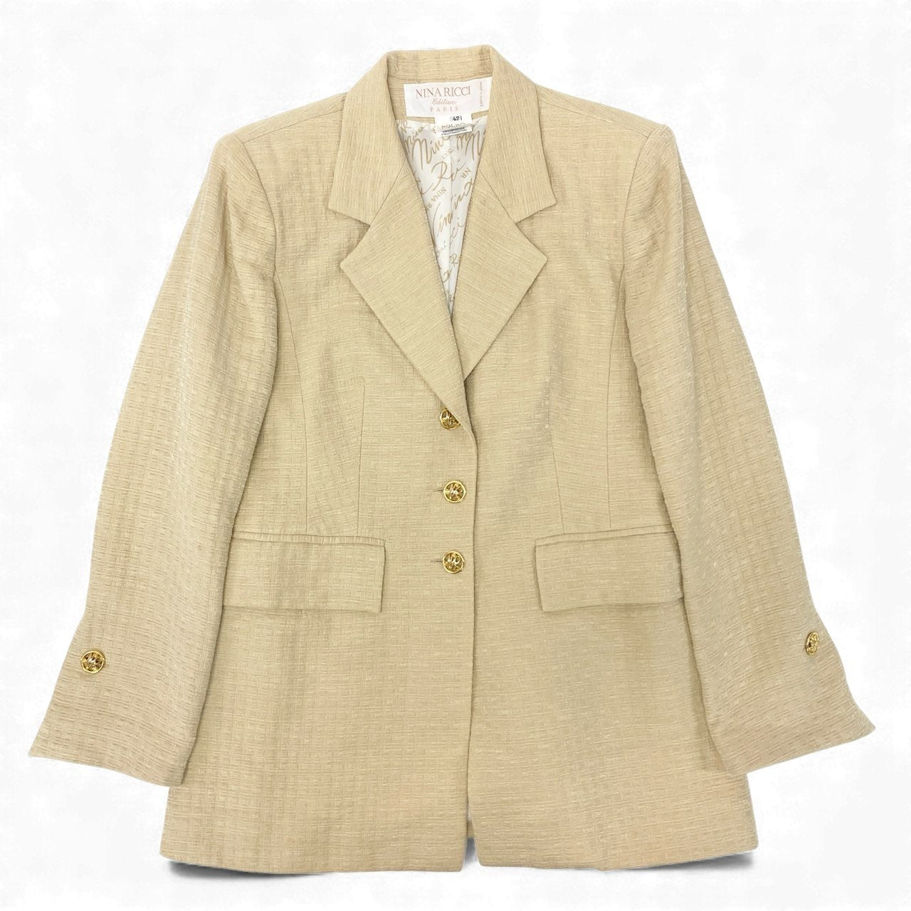 15K18 NINA RICCI Edition ニナリッチ フランス製 テーラードジャケット ロングジャケット 金ボタン 裏地総柄 レディース 女性用 42 ベージュu02t
