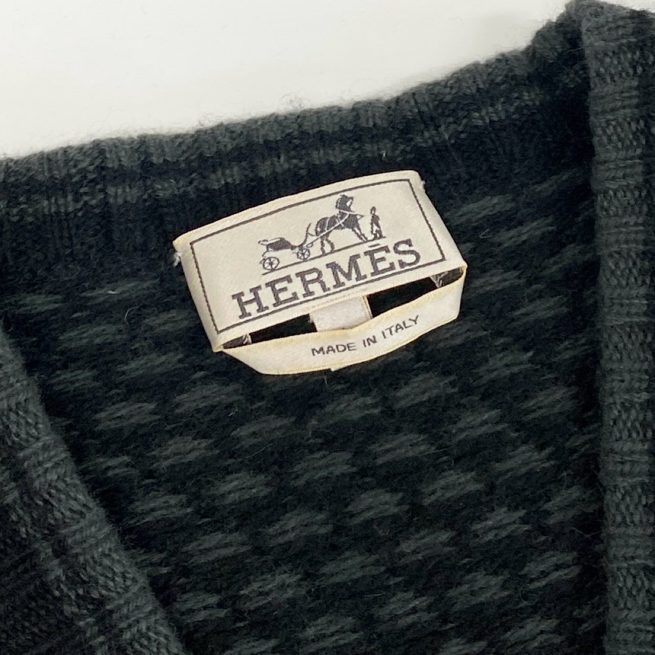 75i8 HERMES エルメス イタリア製 総カシミヤ ジップアップブルゾン ジャケット カシミアニット 千鳥柄 Lサイズ ブラック グリーン カシミヤ100 メンズu02t