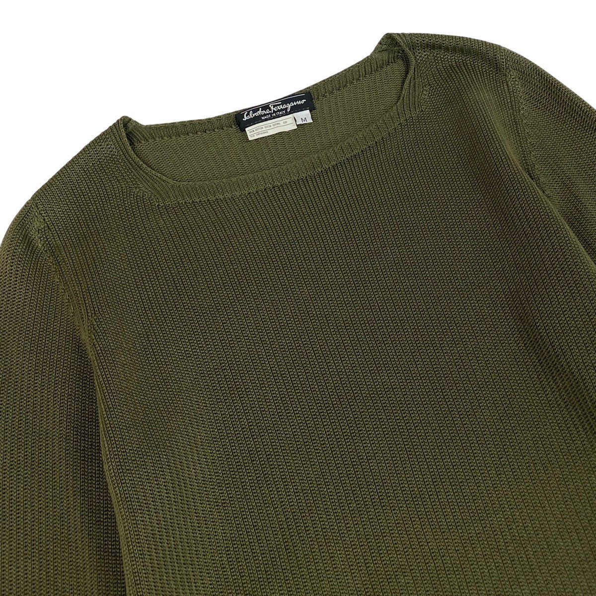 70g1 Salvatore Ferragamo サルヴァトーレフェラガモ ロングスリーブ ニットカットソー チュニック丈 ガンチーニ サイズM グリーン コットン100％ レディースu02t