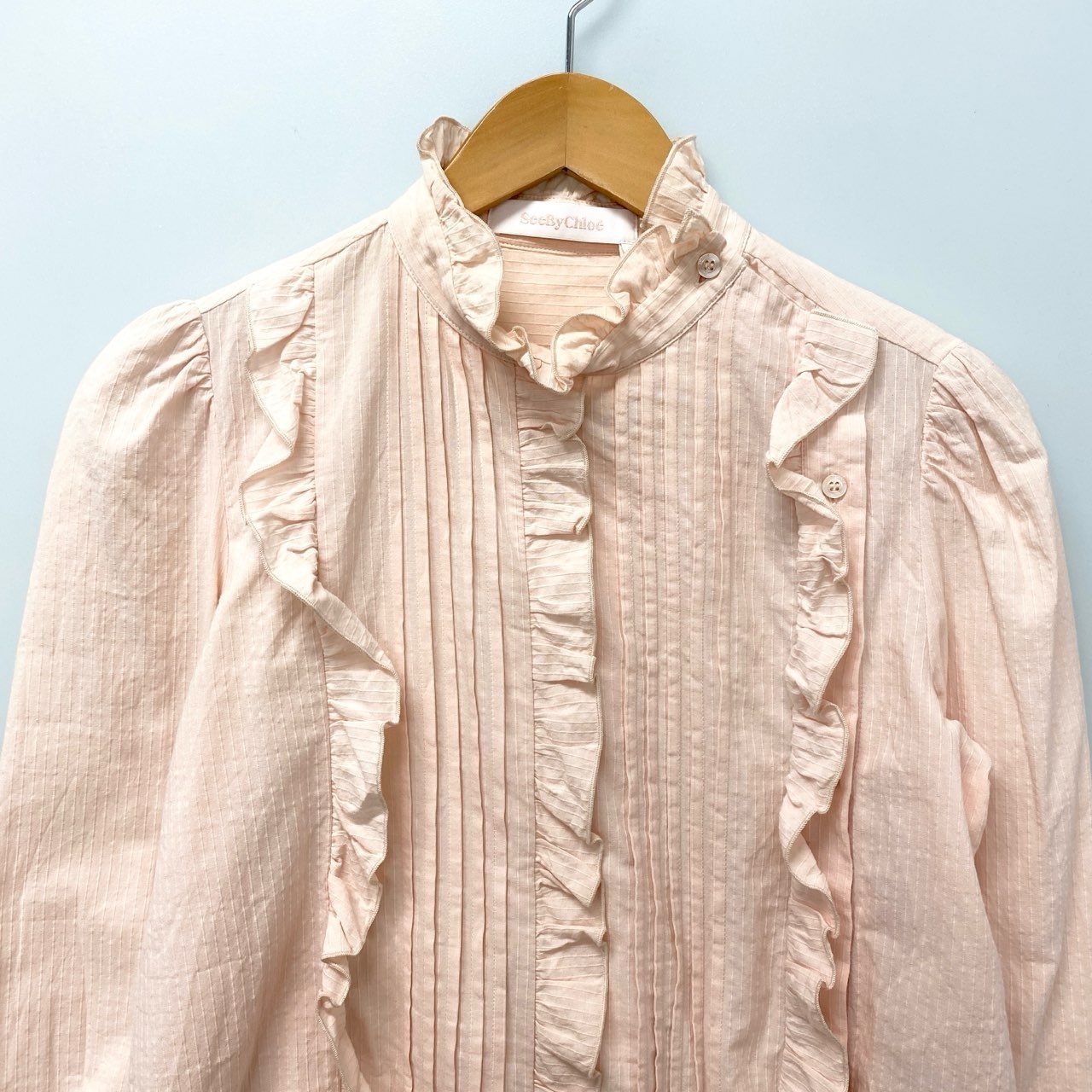 9c20 《美品》 See By Chloe シーバイクロエ 長袖ブラウス フリルシャツ ギャザー トップス 36 ピンク コットン ポルトガル製u02t