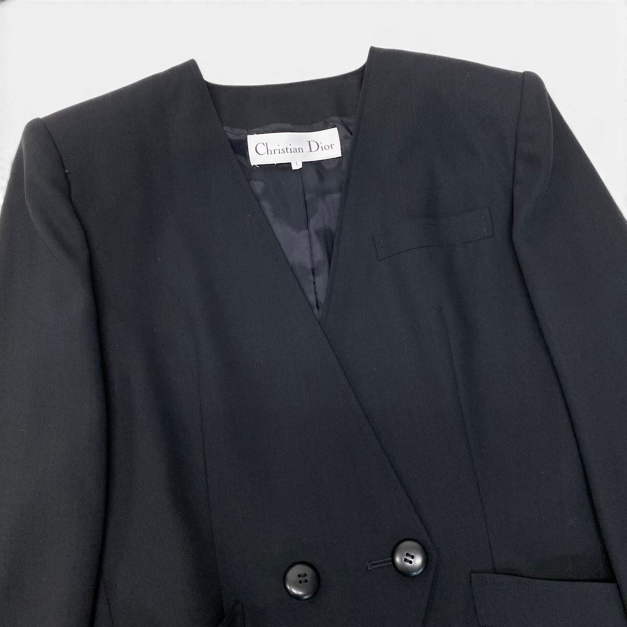 89g24 【美品】Christian Dior クリスチャンディオール ノーカラージャケット フォーマルジャケット アウター Lサイズ ブラック ウール100％ レディース 女性用u02t