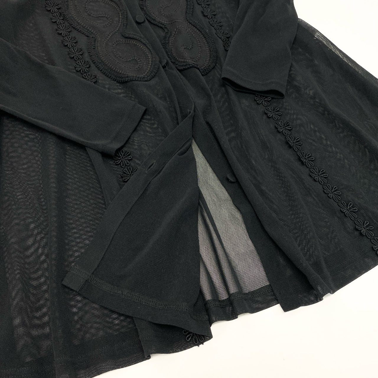 18k20《美品》 TOKUKO 1er VOL トクコプルミエヴォル  ロング シアーカーディガン メッシュシャツ 長袖 花柄 ストレッチ○ レディース 女性用 ９ ブラックu02t