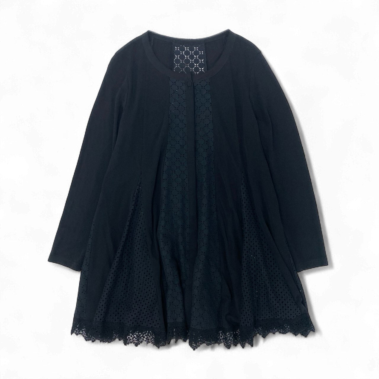 76k21《美品》 TOKUKO 1er VOL トクコプルミエヴォル ノーカラー ロングカーディガン 長袖 カットワークレース レディース 女性用 9 ブラックu02t