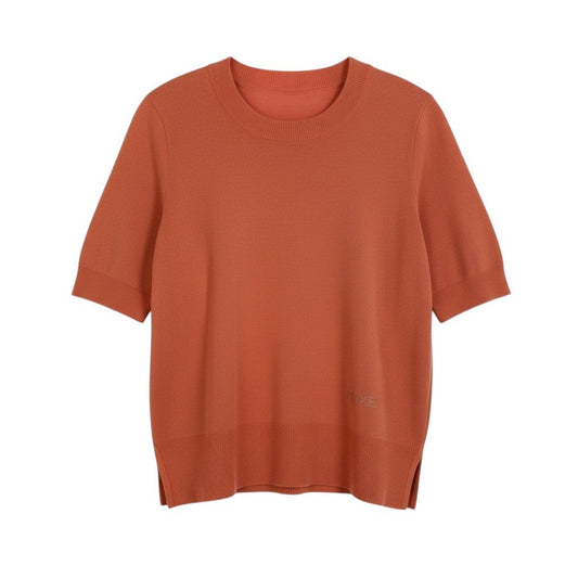 10i30 【新品保管品】FOXEY フォクシー 半袖ニットセーター  ロゴ刺繍 イタリア製 40サイズ オレンジ コットン100％ レディース 女性用u02t