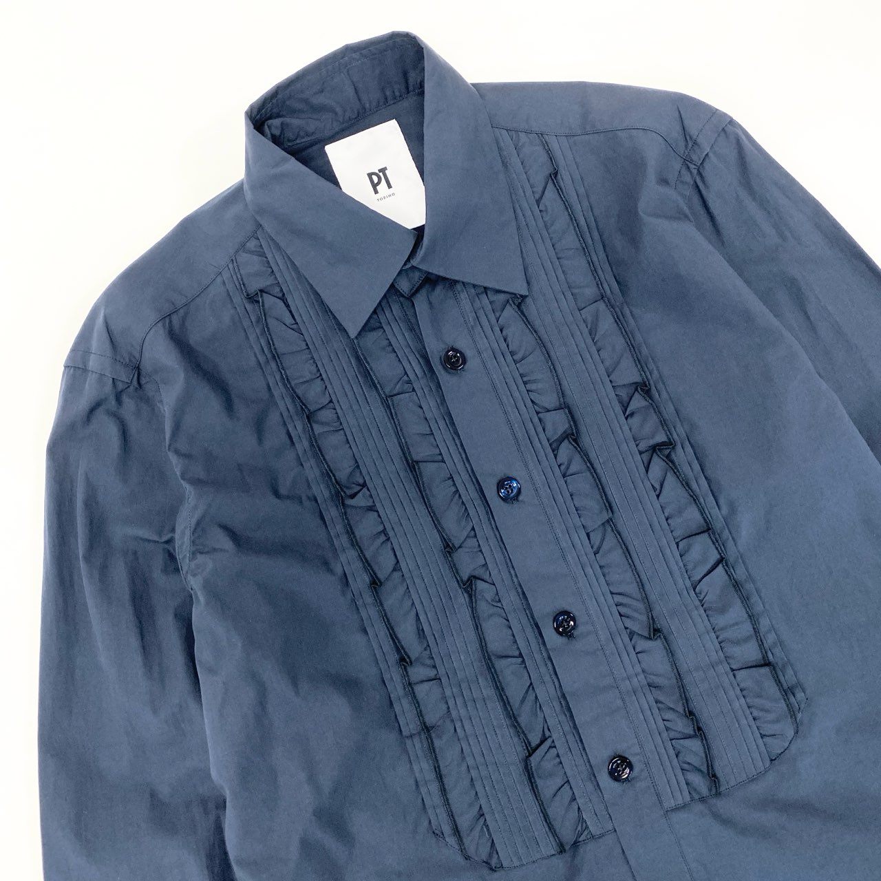 45h26 《極美品》 PT TORINO ピーティートリノ ドレスシャツ 長袖シャツ フリル TL6SSM020CPT 39 ネイビー コットン メンズ 紳士服u02t