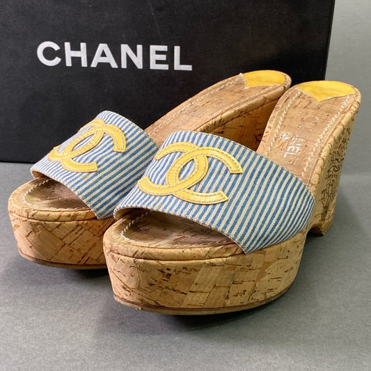 5e16 CHANEL シャネル ココマーク コルクウェッジソール サンダル G25916 36 ブルー アイボリー ストライプ ミュール 厚底 シューズ 箱付き