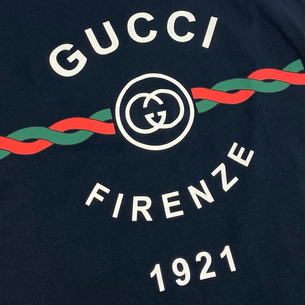 i19【未使用保管品】 タグ付 GUCCI グッチ FIRENZE 1921 ロゴプリント Tシャツ 半袖カットソー 616036 XJD7T XSサイズ ネイビー コットン メンズo07t