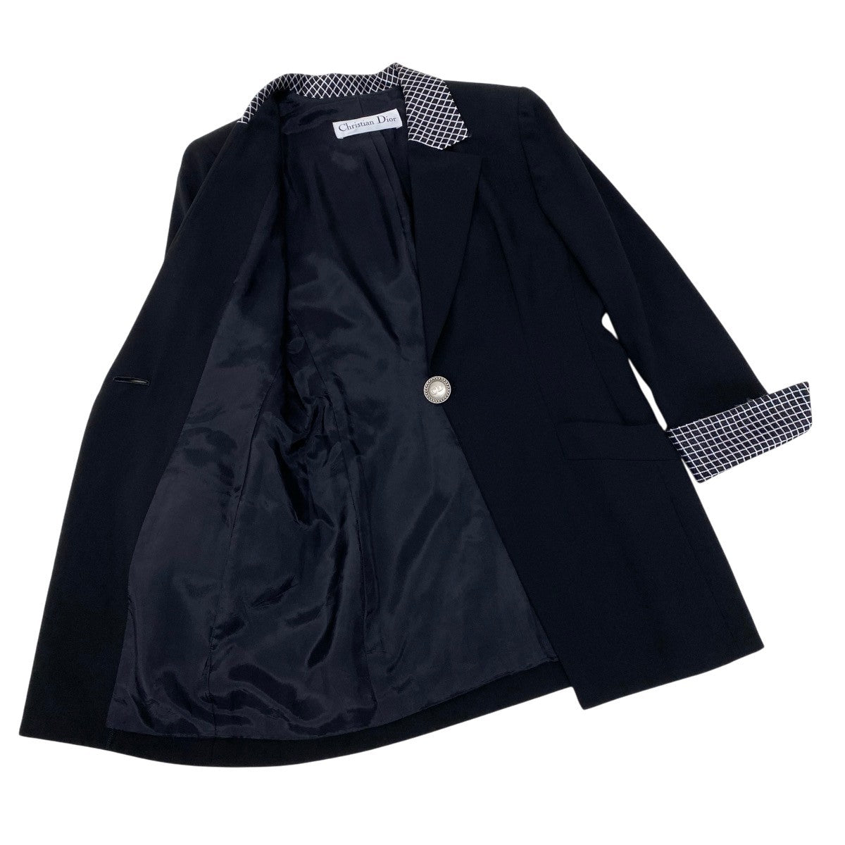 Eh10 Christian Dior クリスチャンディオール テーラードジャケット ダイヤ柄切替 ロゴボタン ブラック レディースo07t