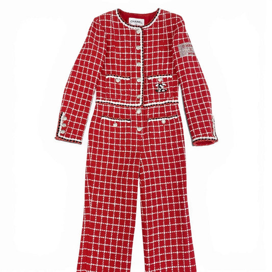 Ca15 【極美品】CHANEL シャネル P74022 2022 Cruise クルーズライン ツイードジャンプスーツ オールインワン サイズ34 レッド レディースta1