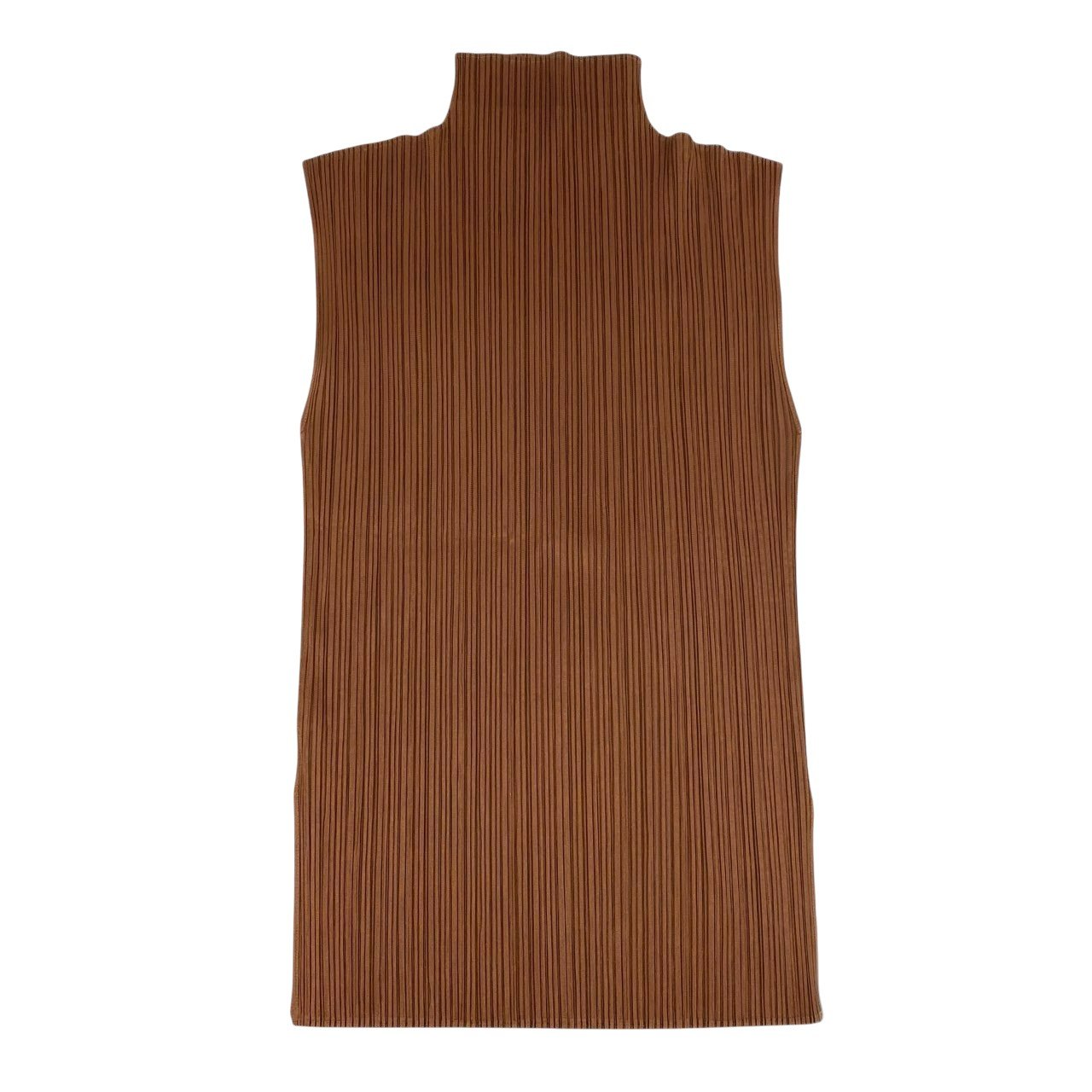 49L9 【美品】PLEATS PLEASE プリーツプリーズ ハイネックノースリーブカットソー プリーツ スリット 3サイズ ブラウン ポリエステル100％ レディースo07t