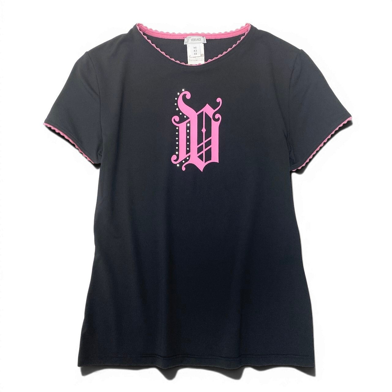 e10 VERSACE 半袖Tシャツ ゴシックロゴ ラインストーン レース Mサイズ ブラック ピンク レディース 女性用k02i
