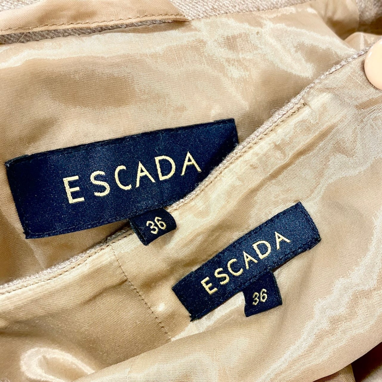 82f16 ESCADA エスカーダ セットアップスカート フォーマルスーツ フリルジャケット 膝丈スカート カシミヤ混 サイズ36 ベージュ レディース 女性用u02t