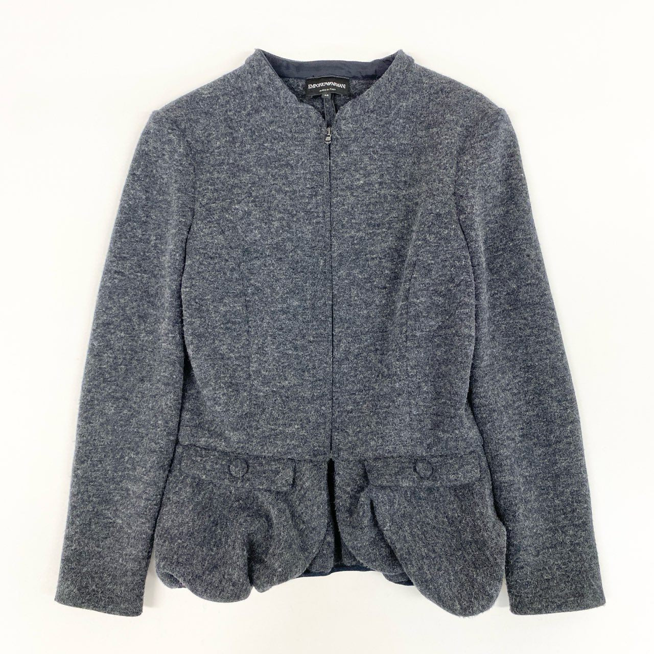 5i12 EMPORIO ARMANI エンポリオアルマーニ ジップアップ ウールジャケット フリルブルゾン 40 グレー レディースu02t