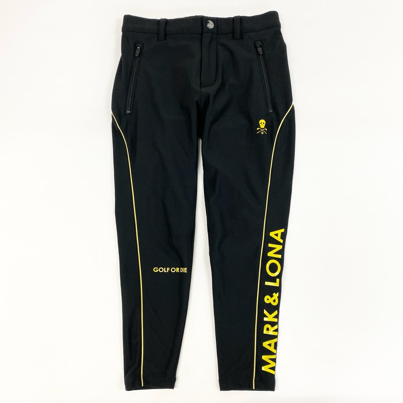 31i8 MARK&LONA マークアンドロナ Flexer Energy Tech Pants スカルプリント ジャージパンツ ボトムス ゴルフウェア ロゴプリント MLM-1C-AT12 44 ブラック イエロー メンズo07t