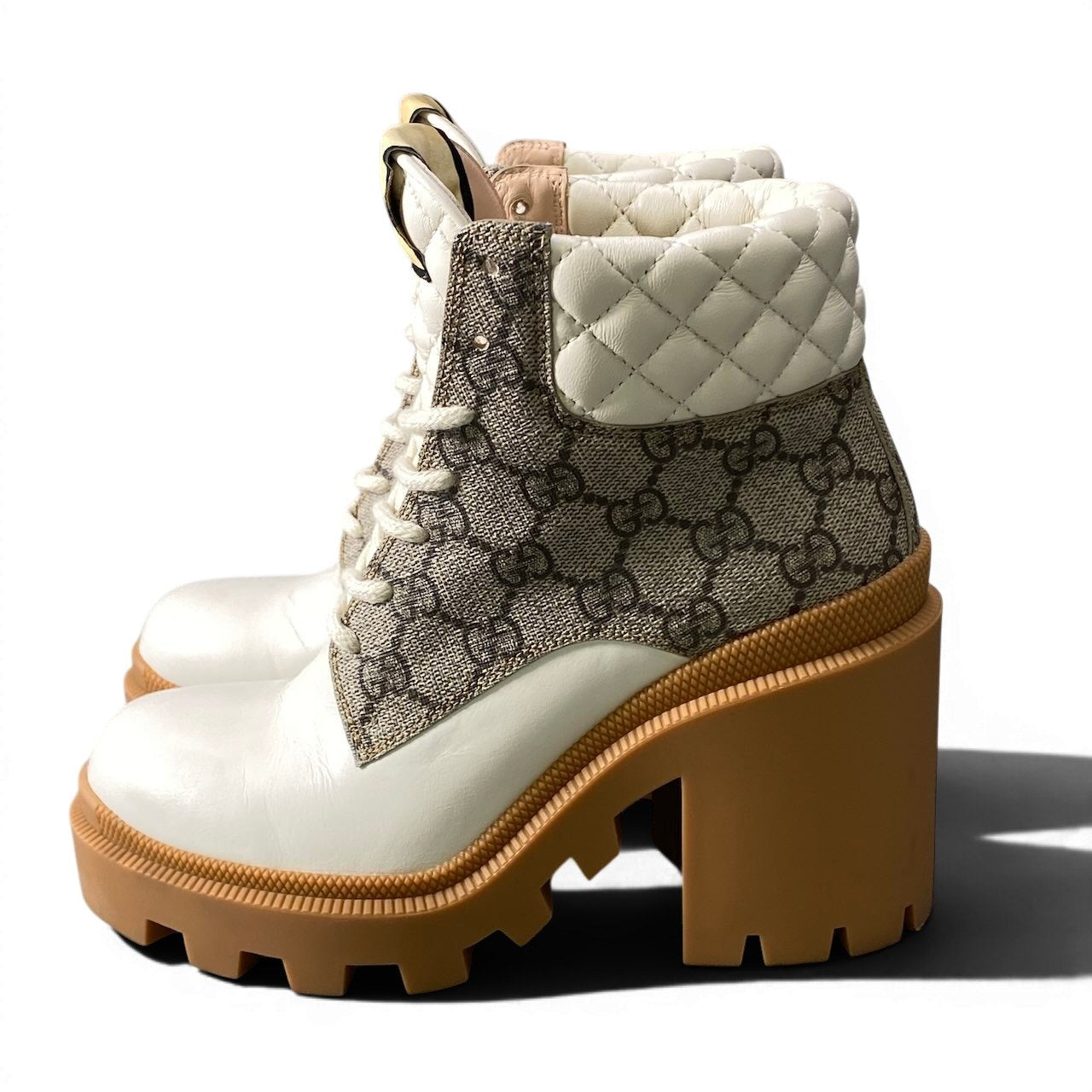 e26《美品》 GUCCI グッチ GGスプリーム アンクルブーツ GG Monogram Ankle Boots サイズ35 1/2 ホワイト レザー シューズt18r