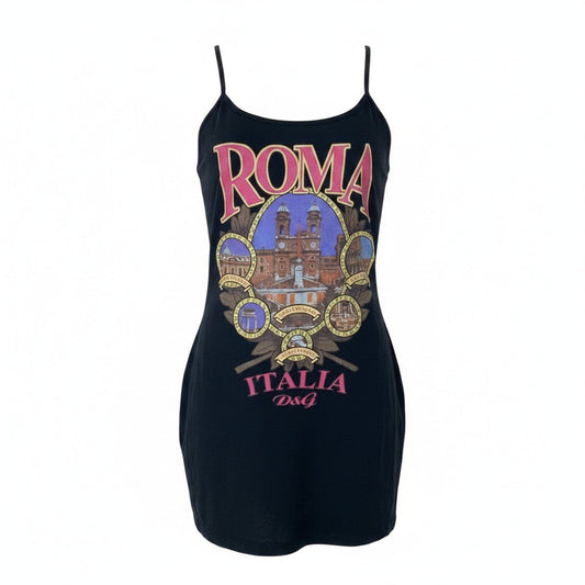Ih10 DOLCE＆GABBAN ドルチェアンドガッバーナ ROMA ITALIA グラフィック ワンピース 2003年 安室奈美恵 PV着用 24 38 ブラック レディース 女性用u02t