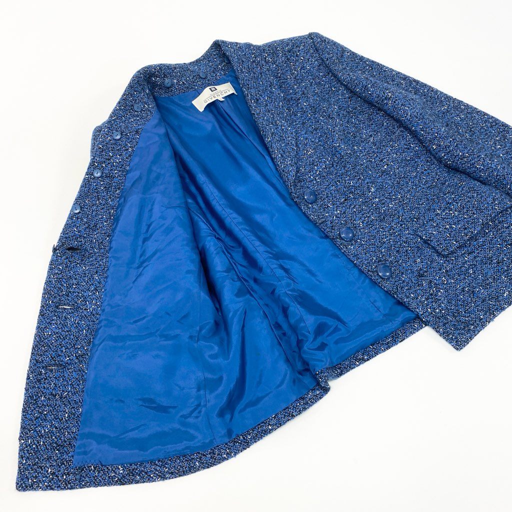 7a9 GIVENCHY ジバンシィー Vintage セットアップ スカートスーツ ツイード ジャケット タイトスカート ロゴボタン 42サイズ ブルー系 レディースo07t