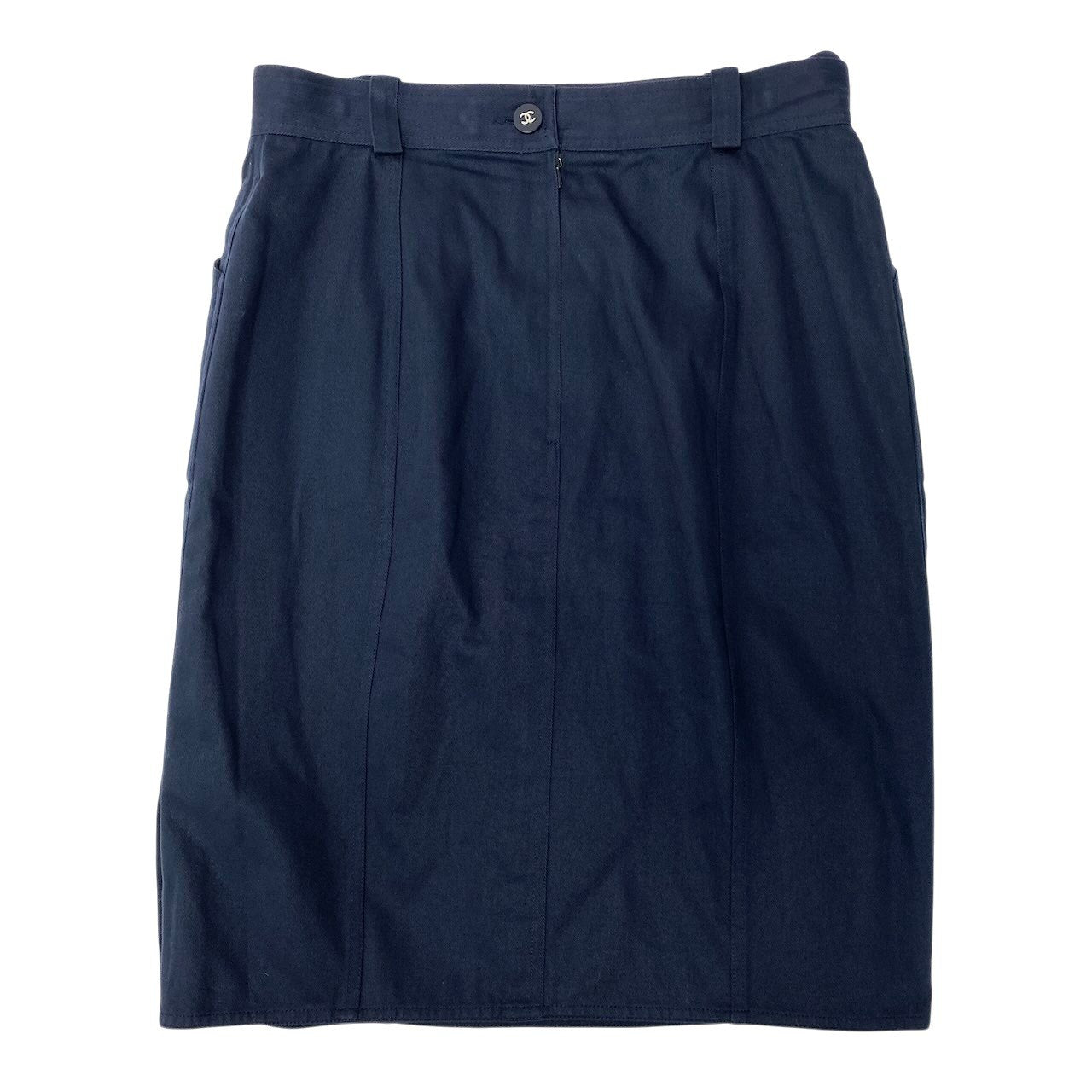 Cd2  CHANEL シャネル 膝丈スカート タイトスカート ココマークボタン レディース 女性服 サイズ42 ネイビー コットン100％u02t