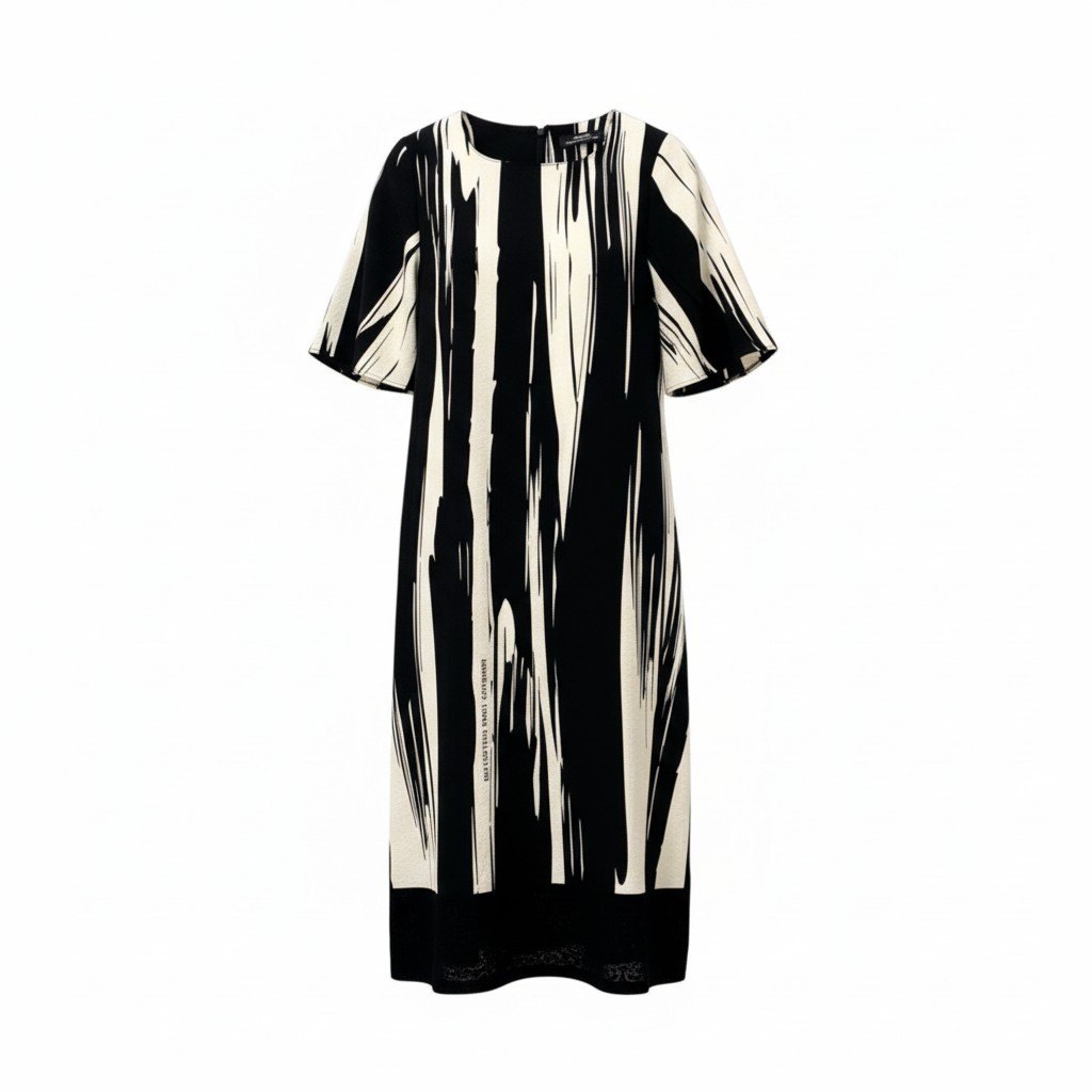 38c3 【美品】 SHISENDO TOMO COLLECTION 詩仙堂 スクエアネック 五分袖ワンピース ロングワンピース 総柄 ちりめん レディース 女性服 ブラック ホワイトu02t