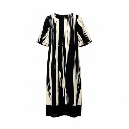 38c3 【美品】 SHISENDO TOMO COLLECTION 詩仙堂 スクエアネック 五分袖ワンピース ロングワンピース 総柄 ちりめん レディース 女性服 ブラック ホワイトu02t