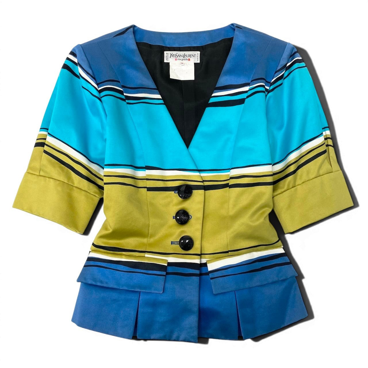 66d27 YVES SAINT LAURENT イヴサンローラン ノーカラージャケット コットンジャケット ボーダー フランス製 サイズ34 マルチカラー 綿100％ レディース 女性用u02t