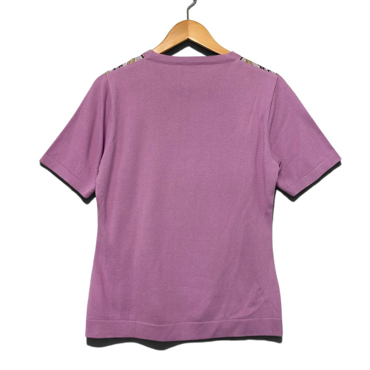 57j22 【極美品】ETRO エトロ 半袖シルクニットセーター 異素材切替 総柄 トップス 44サイズ パープル シルク100％ レディース 女性用u02t