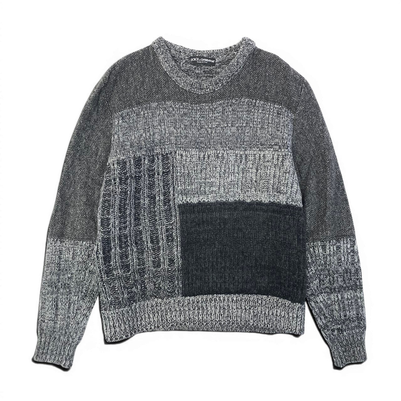 15e11 【美品】DOLCE&GABBANA ドルチェアンドガッパーナ ロングスリーブニットセーター 切替デザイン ツイード イタリア製 44サイズ グレー メンズ 男性用u02t