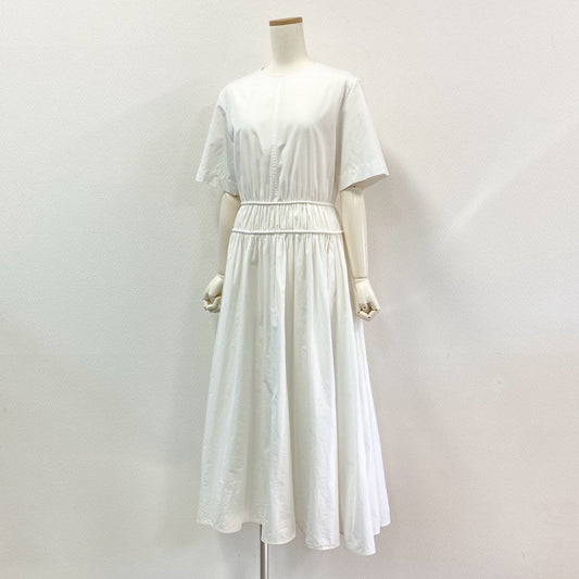 60j27《美品》ebure エブール コットンタイプライターウエストギャザーワンピース 半袖ワンピース フレア ロング丈 3310300303 36サイズ ホワイト レディースu02t