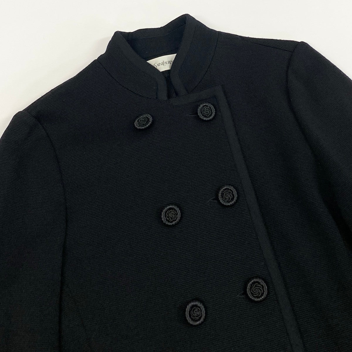 Eh6 Yves Saint Laurent イブサンローラン ノーカラージャケット ヴィンテージ ダブルボタン ニットジャケット 花モチーフボタン STS4A801 M ブラック ウール100％ レディース 女性用o07t
