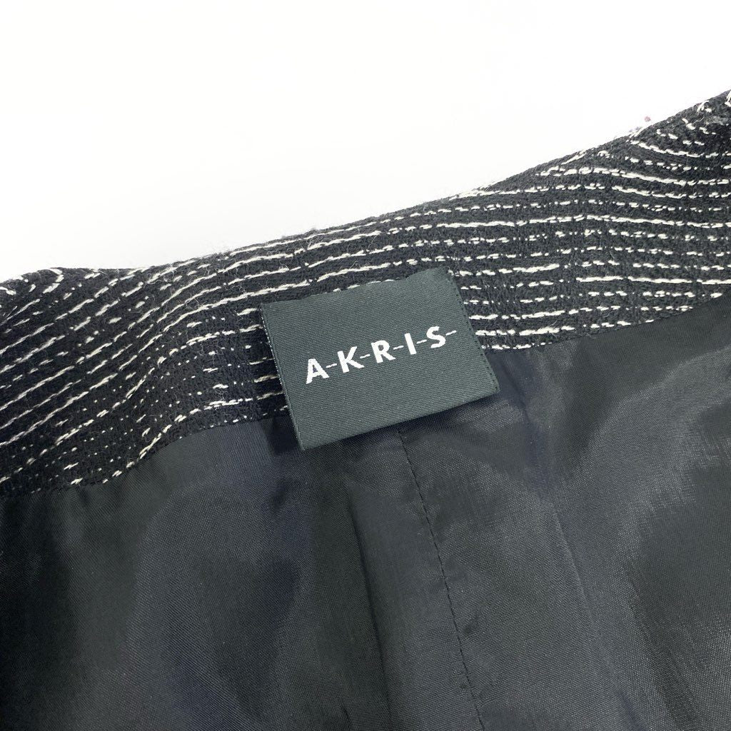 59L15 【美品】AKRIS アクリス ノーカラージャケット ウールジャケット アウター 40サイズ ブラック ホワイト ウール100％ レディースu02t