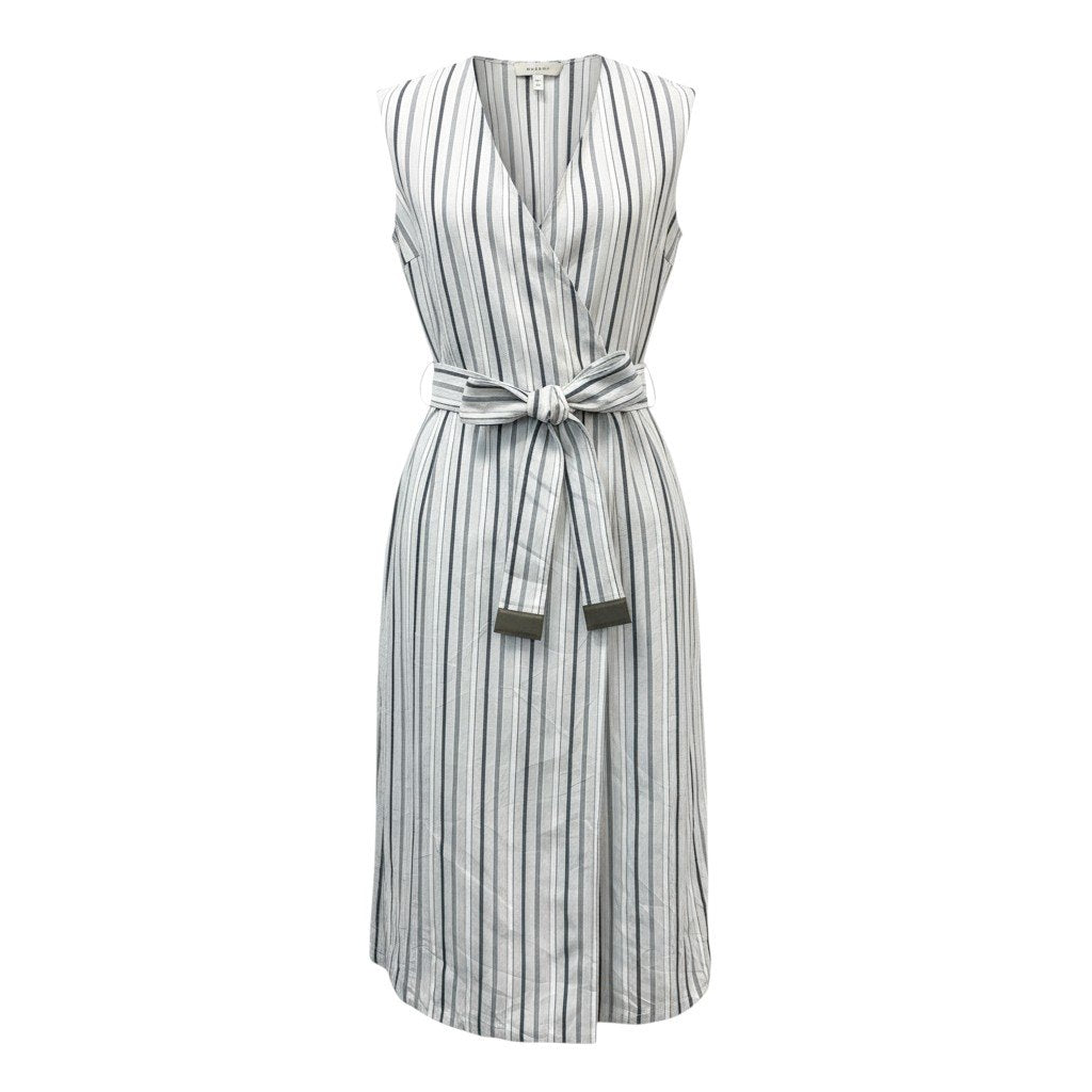 80k11 《美品》 MORABITO モラビト ノースリーブ リネンブレンド ストライプコート 38 ホワイトグレー ワンピースt18r