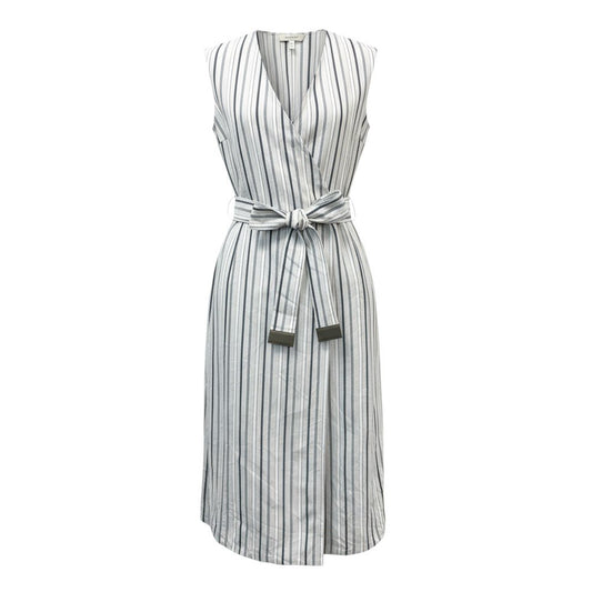 80k11 《美品》 MORABITO モラビト ノースリーブ リネンブレンド ストライプコート 38 ホワイトグレー ワンピースt18r