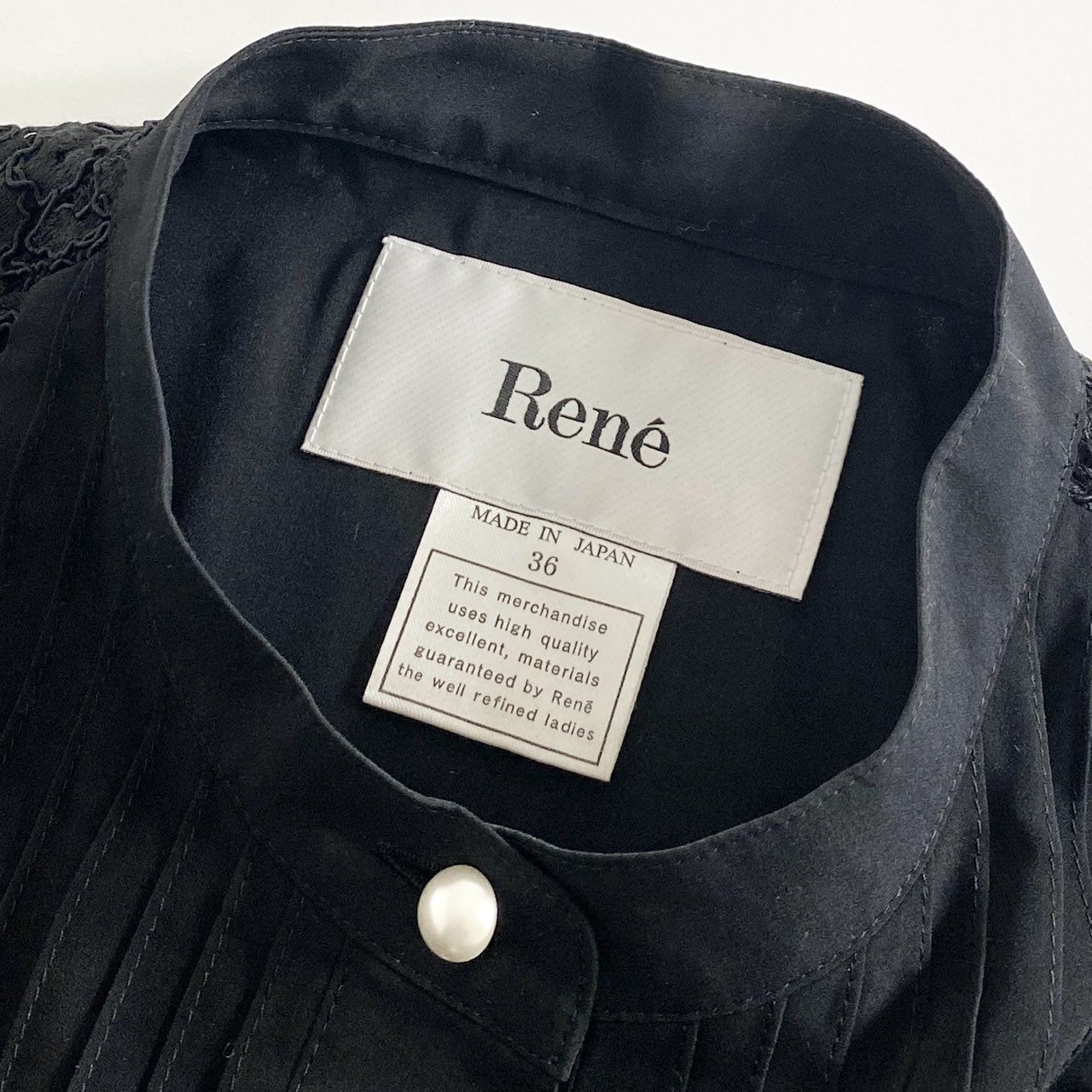 20i23《美品》 Rene ルネ 長袖ワンピース 膝丈ワンピース レース×ツイード フェイクパール 6146200 サイズ36 ブラック レディース