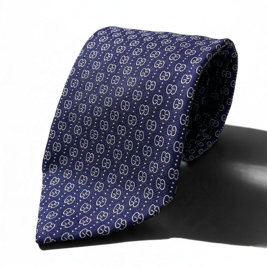 j19 《美品》 GUCCI グッチ GG柄 ネクタイ ネイビー シルク100 メンズ 小物 イタリア製u02t