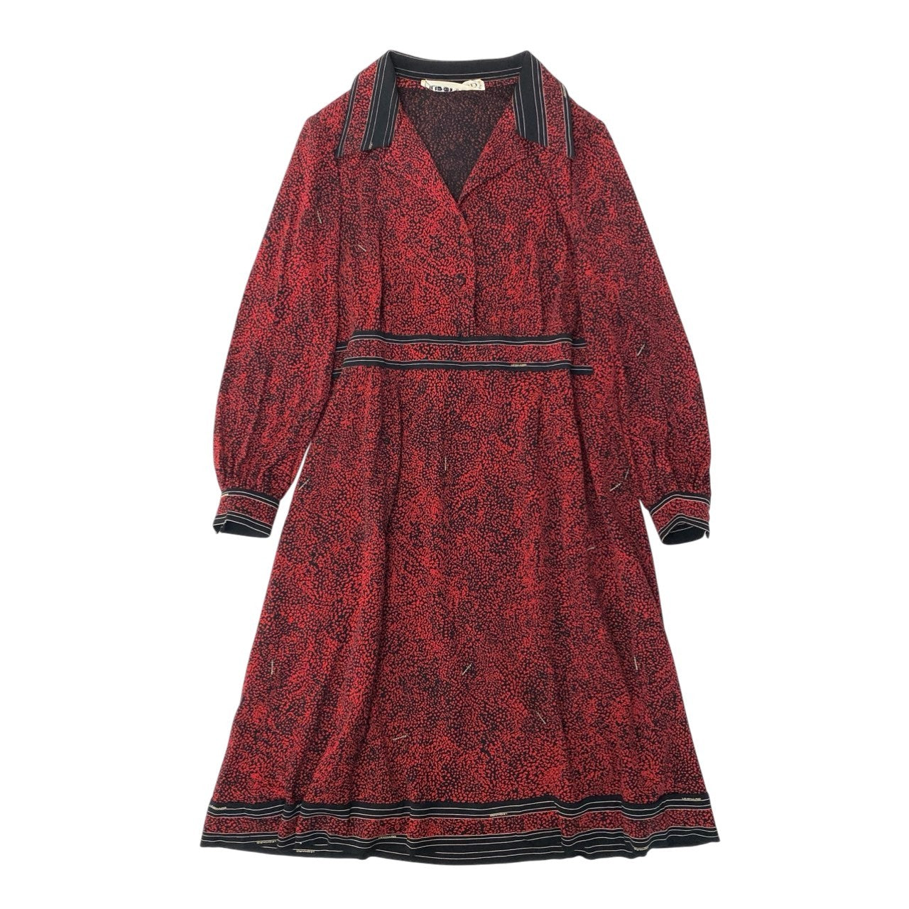 64b7 LEONARD レオナール 長袖ワンピース 総柄 開襟 ウエストマーク 3 レッド シルク100％ レディース 女性用u02t