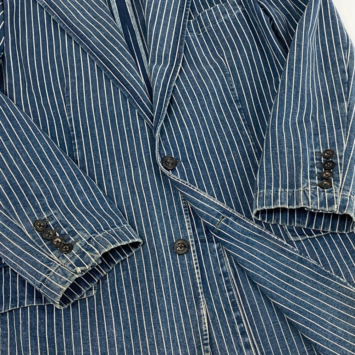 43f25 【イタリア製】POLO by RALPH LAUREN ポロバイラルフローレン 希少モデル インディゴ ヒッコリーストライプ テーラードジャケット ピークドラペル サイズ42 メンズ ドレスジャケットk02i