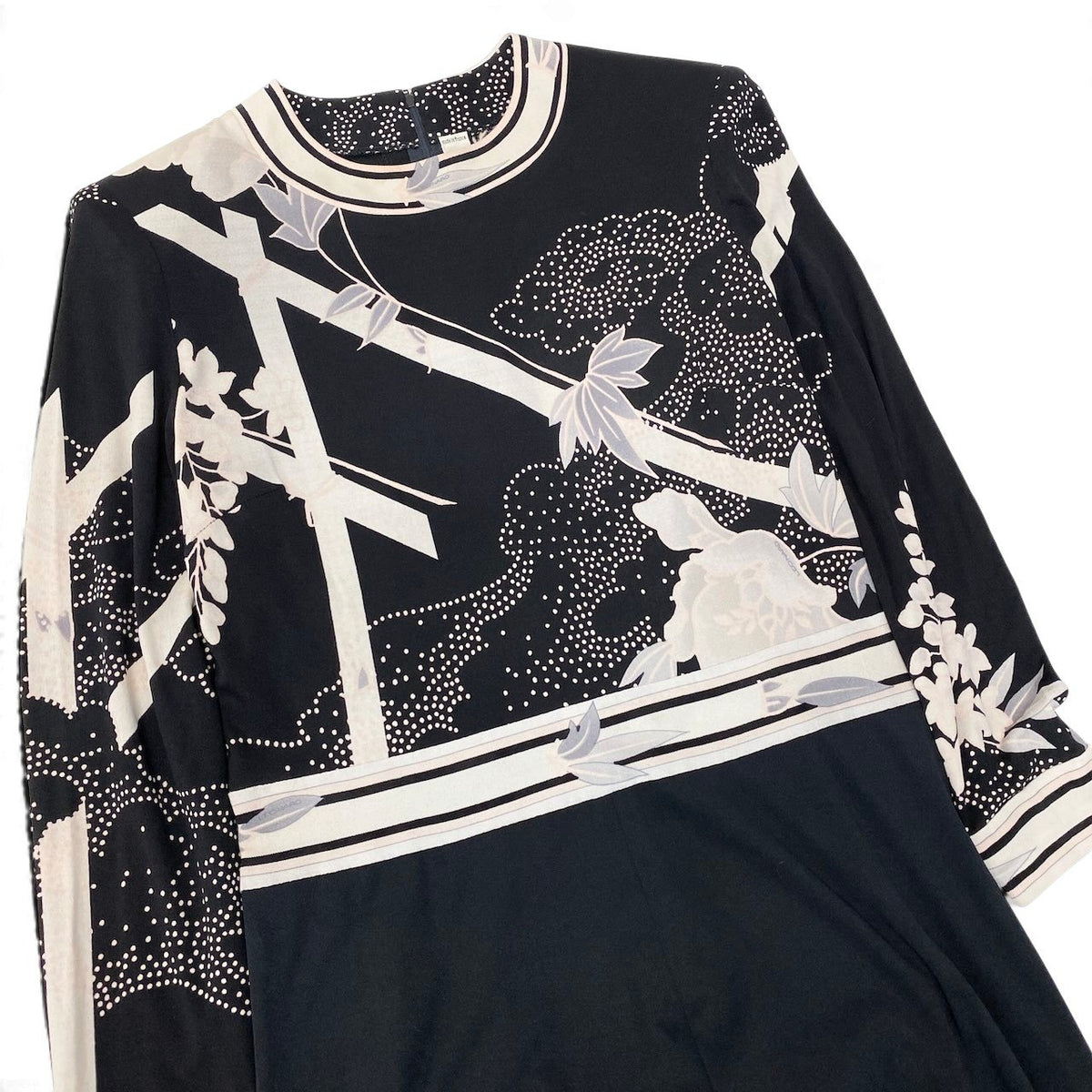 28j15 LEONARD FASHION レオナール ロングスリーブ ワンピース 花柄プリント シルクワンピース ブラック レディースu02t