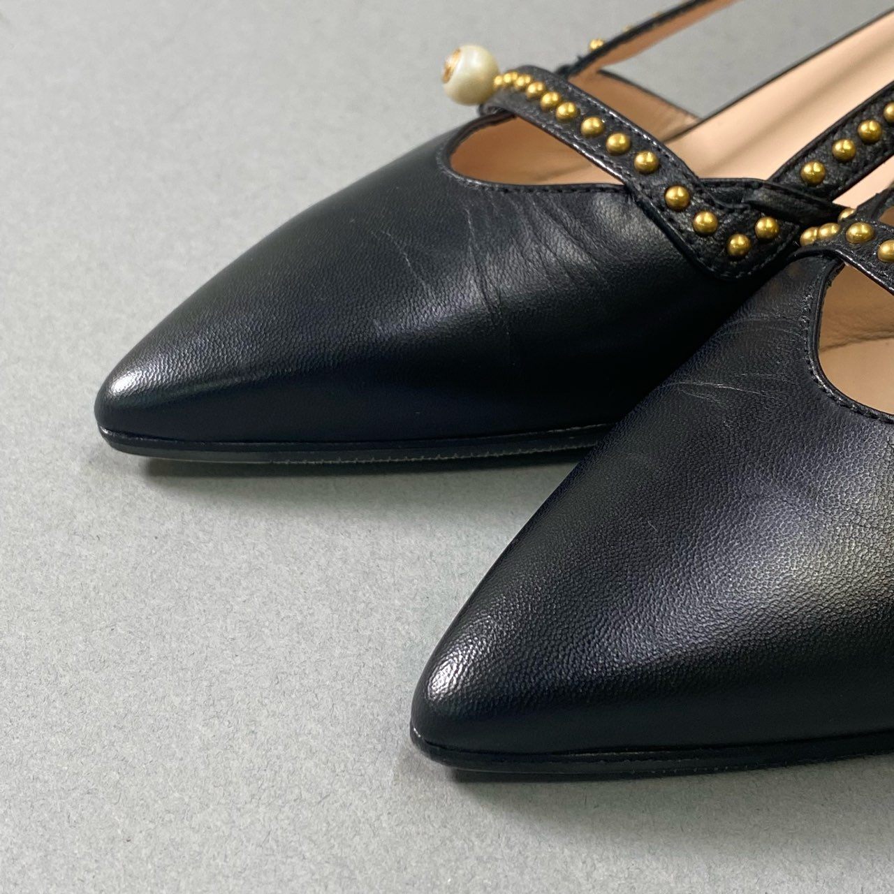 6i18 GUCCI グッチ スリングバック パンプス スタッズ パール バンブーヒール シューズ イタリア製 460127 34 1/2 ブラック レザー レディースk02i