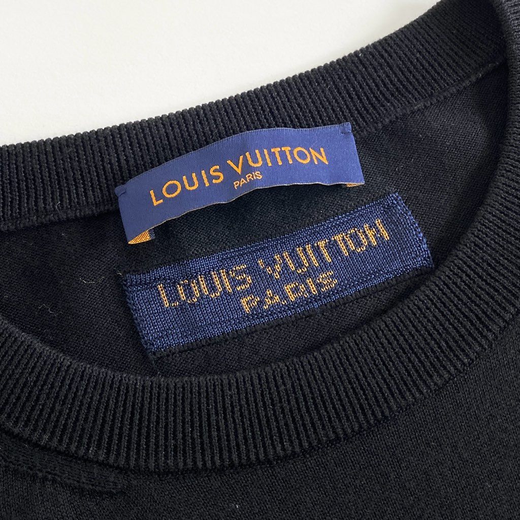 74g2 【美品】 大きいサイズ LOUIS VUITTON ルイヴィトン 21年モデル プリント 半袖ニット カットソー Tシャツ クルーネック HLN31W XLサイズ ブラック コットン シルク イタリア製