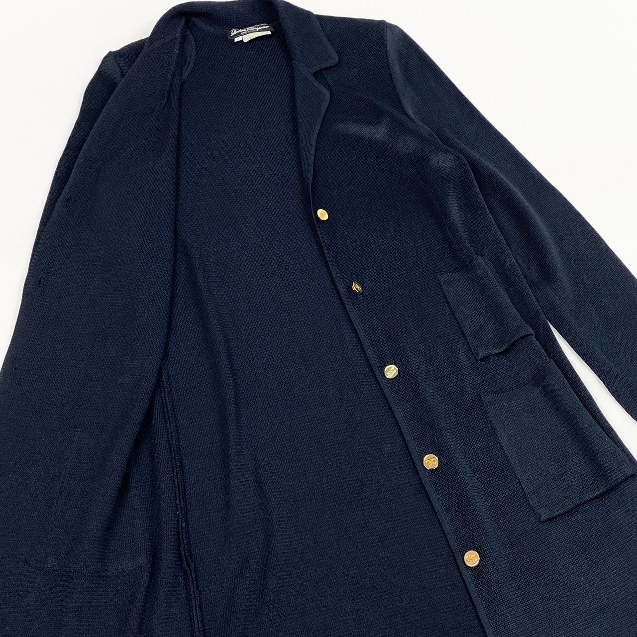 Eb20  《美品》 Salvatore Ferragamo サルヴァトーレフェラガモ ロングカーディガン ニットカーディガン ガンチーニ 金ボタン L ネイビー レディースu02t