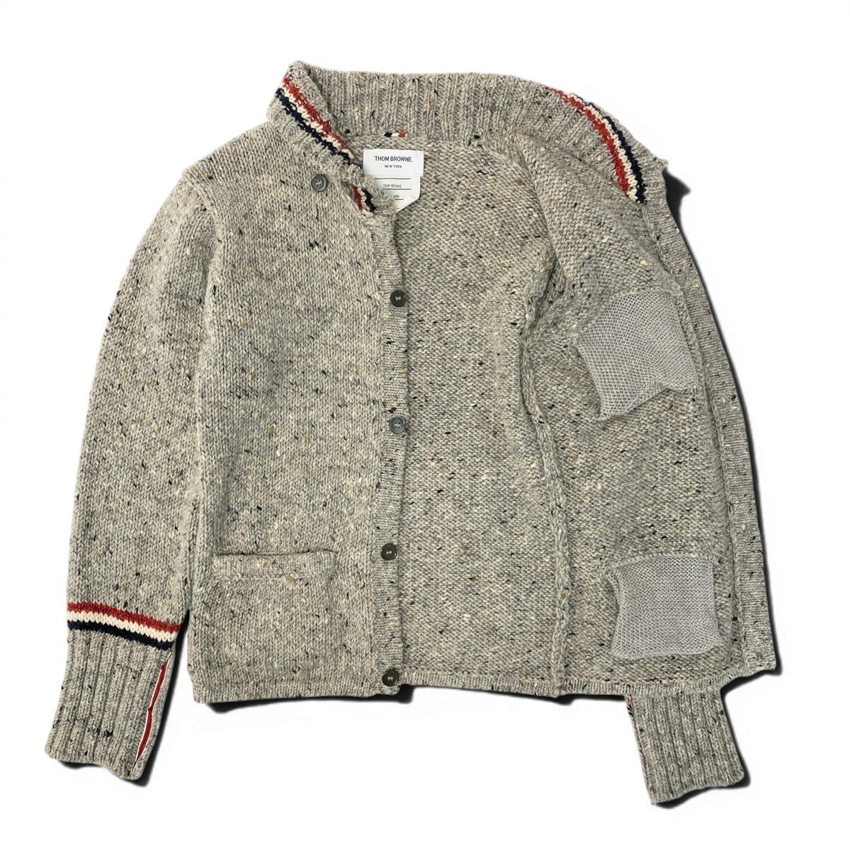 68e19 THOM BROWNE. トムブラウン 11aw ROLL SHAWL CARDIGAN トリコロール ショールカラー カーディガン 01113D7011 サイズ0 グレー系 ウール100％ メンズ 紳士服u02t