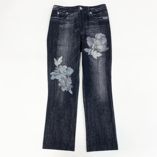 80g23 【美品】 LEONARD レオナール ボトムス デニム柄 花柄 テーパードパンツ オールストレッチ レディース 女性用 0563801 40 ブラック【中古】