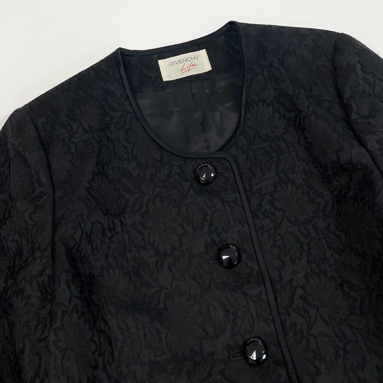 36a30 Vintage Givenchy ヴィンテージ ジバンシー 花柄ジャガード ビジューボタン ジャケット Floral Jacquard Jacket Blazer Bijpi Button M ブラック レディースo07t