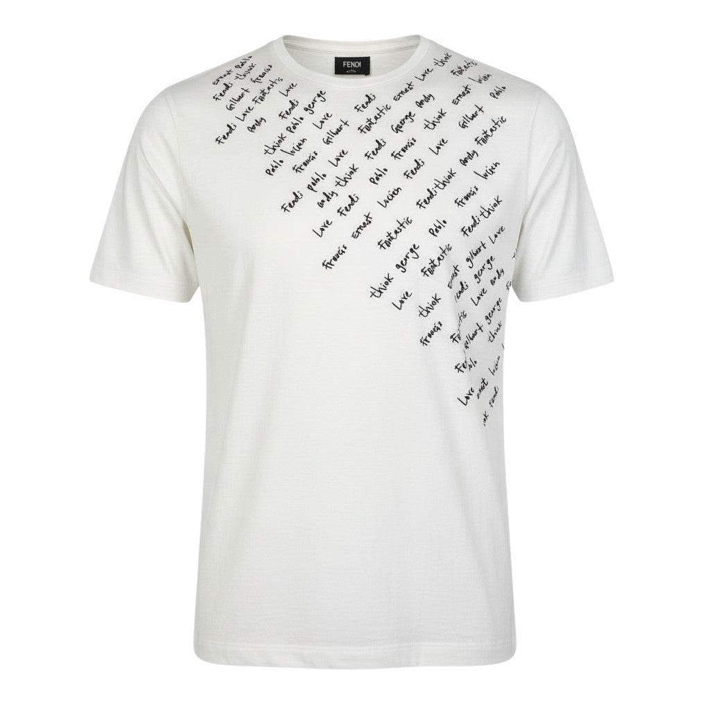 Ma30 FENDI フェンディ 半袖Tシャツ クルーネックTシャツ エンブロイダリーTシャツ 文字刺繍 48サイズ ホワイト コットン100％ メンズ 男性用o07t