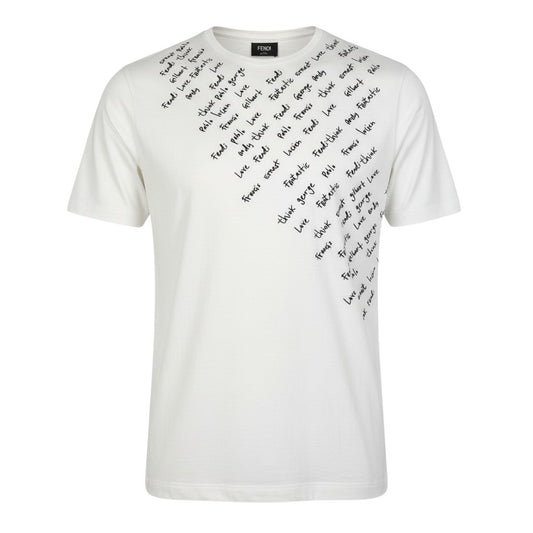 Ma30 FENDI フェンディ 半袖Tシャツ クルーネックTシャツ エンブロイダリーTシャツ 文字刺繍 48サイズ ホワイト コットン100％ メンズ 男性用o07t