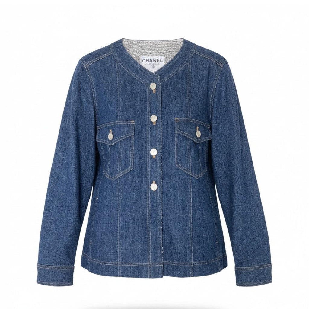 Cf12 CHANEL 1999年 ノーカラーデニムジャケット コットンジャケット アウター P12461 40サイズ インディゴ コットン100％ レディース 女性用u02tu02t